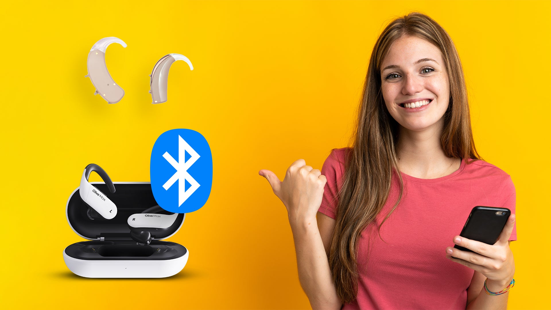 A Woman is making her thumb up and on the left side of her, there are bluetooth logo and hearing aids