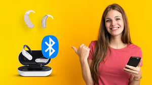 A Woman is making her thumb up and on the left side of her, there are bluetooth logo and hearing aids