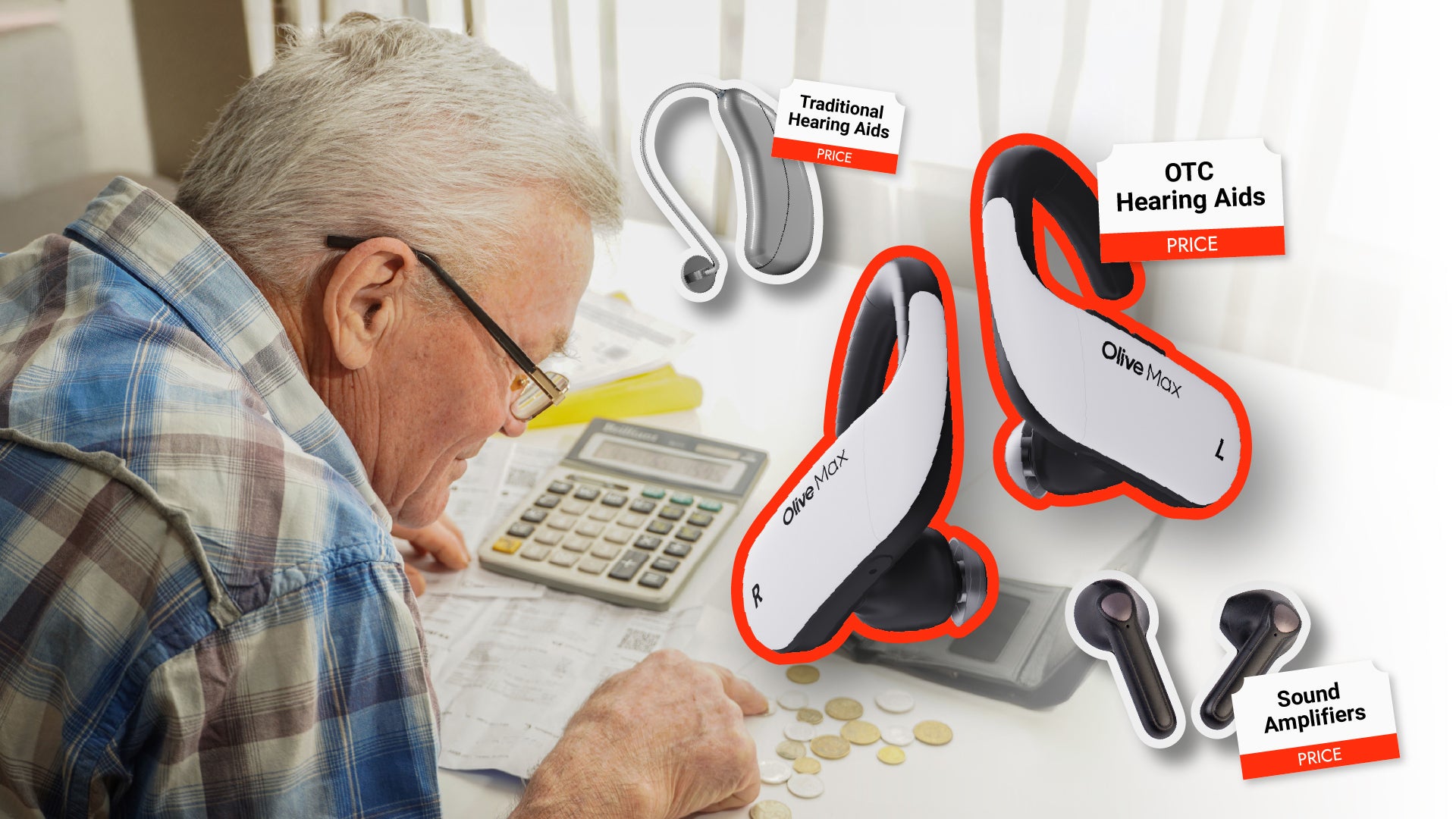 an old man is calculating money and different kinds of hearing aids images are popped besides him